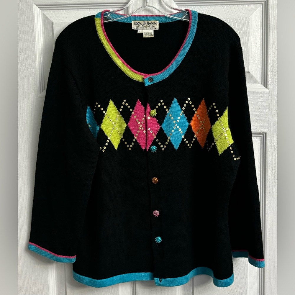 VTG Jack B Quick Beaded Button Up Cardigan Argyle Size Large.*MISSING BUTTON*